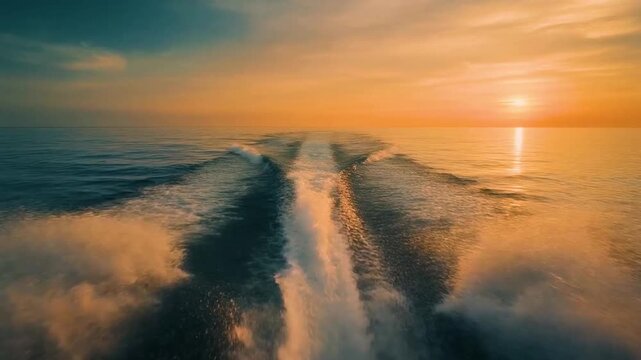 洋上の航跡と夕陽