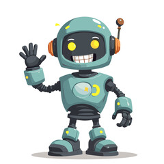 Cheerful cartoon robot waving hello with a friendly smile on a white background illustration