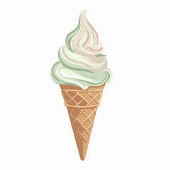 Delicious soft serve ice cream cone with pastel green and pink swirls on a white background