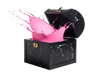 Dynamic pink liquid splash erupting from elegant dark marble box, luxury fluid motion design, isolated on a transparent background, PNG