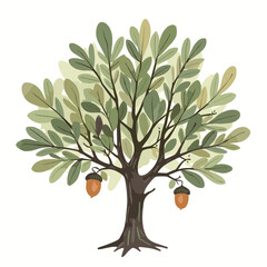Stylized oak tree with green leaves against a white background representing nature growth