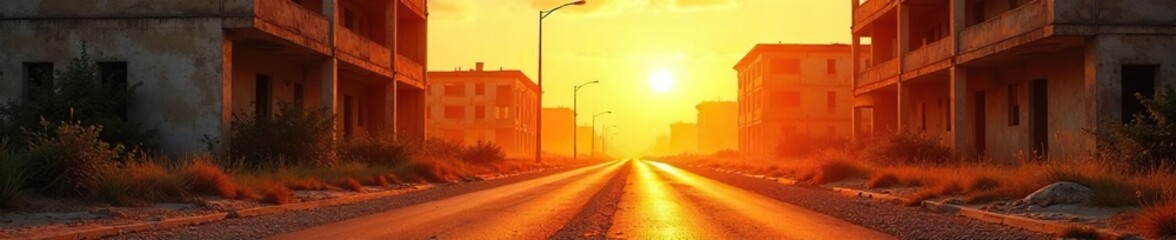 Abandoned Buildings Shimmering in Summer Heat Haze A Visually Striking Image of Oppressive Heat and Frustration on a Sun-Drenched Street