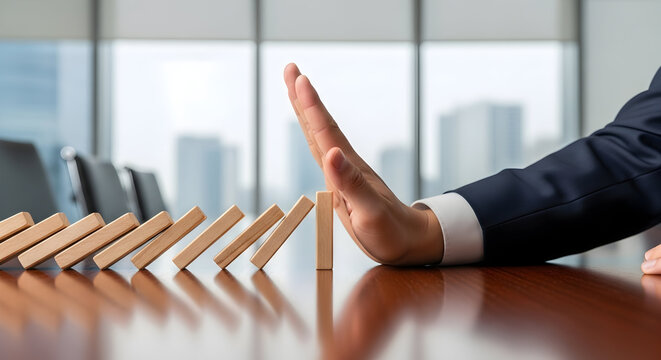 Professional hand stops falling dominoes, preventing crisis and chaos