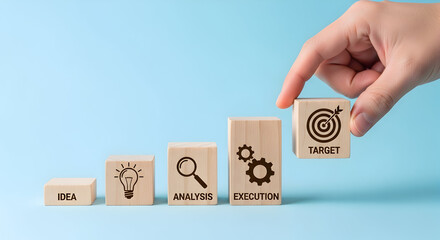 Business strategy steps idea analysis execution target achieved progress