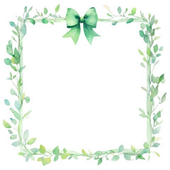 Fototapeta premium Watercolor frame of green leaves and vines with a green bow on top isolated on a black background on transparent background