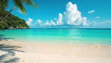 Serene Turquoise Waters Gently Lap a Green Sand Beach An Exotic Travel Destination