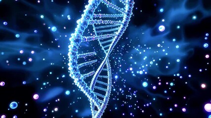 A glowing DNA strand amidst a cosmic blue space with floating orbs - Powered by Adobe