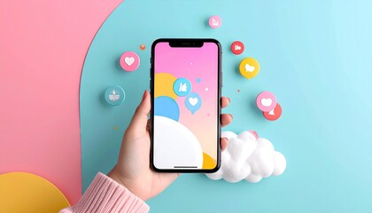 Hand Holding Smartphone with Social Media Icons Over Pastel Background of Pink and Blue