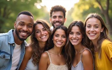 Multi generational friends smiling on camera outdoor - Group of multiracial people with different ages having fun together outdoor. High quality