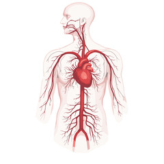 Human circulatory system showing the heart and major arteries in anatomical detail