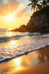 Golden Hour Sunlight on Pristine Sandy Beach Gentle Waves, Summer Vacation Relaxation