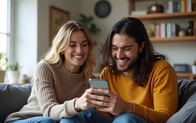 Happy couple looking at phone together. High quality