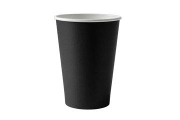 Empty tall black paper cup with white rim isolated minimalist presentation for branding