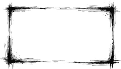 Distressed Black Ink Grunge Frame Vector Isolated Rough Hand Drawn Border with Scratches and Splatters on Transparent Background for Graphic Design