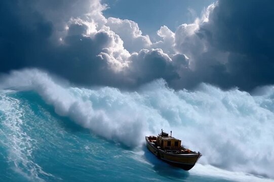 Confronting the Tempest: A lone vessel fearlessly navigates colossal waves under a dramatic sky, embodying courage amidst a sea of challenges. 