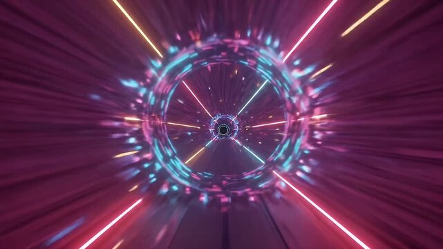 Abstract 3D tunnel with neon lights speed motion background