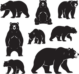 Naklejka premium Bears Collection: A striking collection of bear illustrations showcases the powerful form of bears in various dynamic poses, emphasizing their strength and grace.
