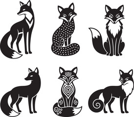 Fox Illustrations: Six stylized fox illustrations in black and white, showcasing various poses and intricate designs.