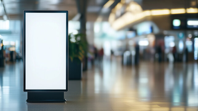 A blank digital billboard stands ready to display information travelers in busy, modern airport terminal, where blurred figures pass through on their journeys.