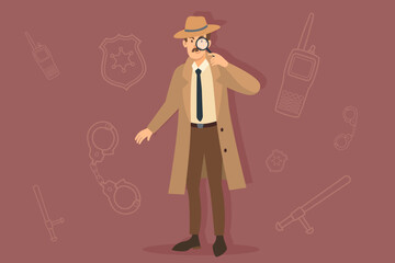 Detective dressed in trench coat standing holding magnifying glass, surrounded by symbols of law enforcement tools such as handcuffs and radios. Investigation concept