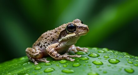 Fototapeta premium Macro Shot of a Small Frog Sitting on a Dew-Covered Green Leaf