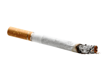 Close-up shot of a burning cigarette with white filter and tobacco on a dark surface