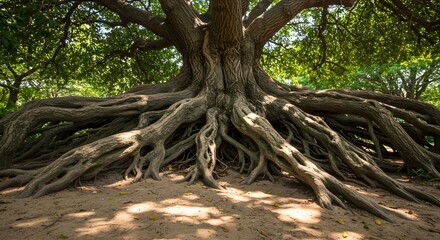 Obraz premium Majestic Ancient Tree with Expansive, Intertwined Roots and Lush Green Canopy