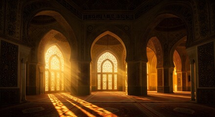 Obraz premium Majestic Islamic Mosque Interior with Golden Sunbeams Streaming Through Ornate Windows