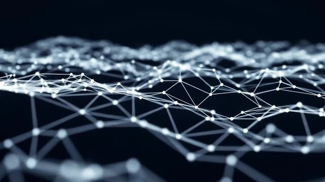 Abstract digital network grid with glowing white nodes and connecting lines on a dark blue background representing data connectivity and technology concept