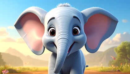 Adorable cartoon elephant with large ears and expressive eyes, smiling, standing in sunny, natural landscape