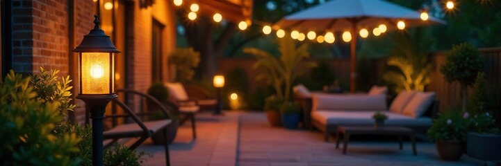 Warm Summer Evening Patio Scene Stylish Outdoor Lamp Illuminates Relaxing Outdoor Living Space