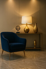 A modern cozy corner featuring a dark blue velvet armchair beside a warm glowing lamp on a console table. The minimalist decor and golden light create an elegant, relaxing atmosphere.
