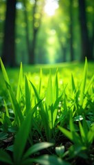 Sun-Dappled Forest Floor Vibrant Green Grass Carpet, Springtime Nature Scene