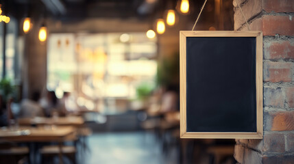 Hanging by twine, a blank chalkboard sits against weathered brick wall, ready to display the specials of restaurant softly lit amber pendant lights.