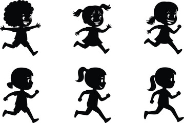 Silhouette children running, kids playing outdoors, active boy and girl exercise, happy childhood activity, sport, fun, fitness, health vector illustration