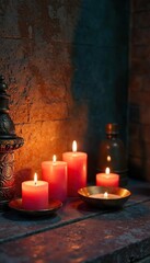 Ethereal Candlelight Illuminates a Sacred Space Soft Light, Textured Walls, Spiritual Objects. Perfect for Meditation, Yoga, Mindfulness, and Religious Themes.