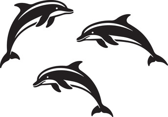 Naklejka premium Dolphin Trio's Playful Dance: A graceful black and white illustration depicts three dolphins leaping and dancing, showcasing their agility and freedom in the ocean's embrace.