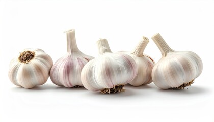 Heap of Fresh White Garlic Bulbs with Purple Veins on a Clean White Surface Food Ingredient Still Life