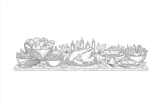 thanksgiving feast black and white line art clip art preview