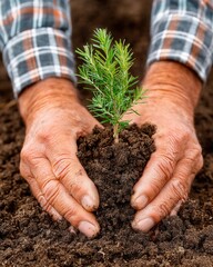 Senior person gardening in backyard under soft daylight, planting flowers and touching rich soil, symbol of care and vitality.