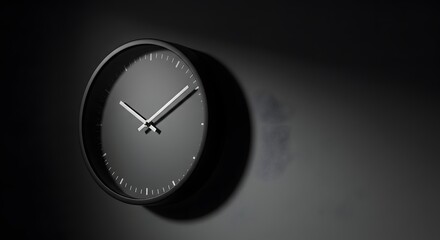 Minimalist Black Wall Clock with White Hands and Shadow on Dark Background