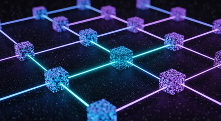 Futuristic digital network visualization featuring interconnected abstract data blocks with glowing neon lines, symbolizing secure blockchain technology and decentralized global communication