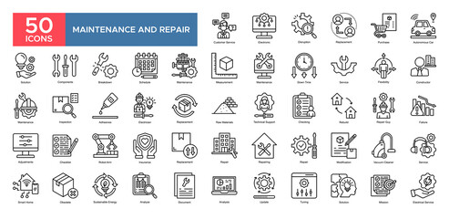 Maintenance And Repair collection set. Customer Service , Disruption, Brainstroming, Maintenance ,Solution, Service ,Technical Support, Repair, icon. Simple outline vector illustration