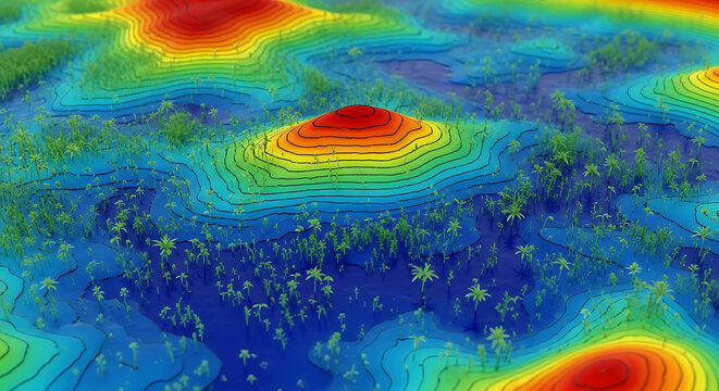 3D topographic map with colorful contour lines and trees, representing elevation and terrain data for geographical analysis and exploration