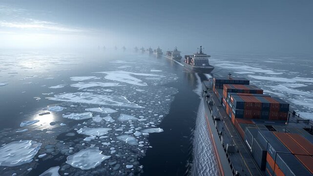 An icebreaker vessel navigates through drifting ice floes, creating a safe path for a convoy of container ships in the Arctic Ocean. The chilly waters present challenging conditions