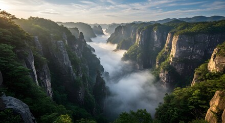 Misty Mountain Valley at Sunrise with Sunbeams