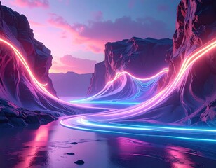Holographic Waters and Glowing Neon Tides in a Futuristic Ocean with Purple and Blue Light Streaks Across Textured Rocks