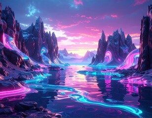 Holographic River Between Rocky Peaks at Dusk with Vibrant Pink and Turquoise Flowing Through Pixelated Landscape Scifi Ambiance