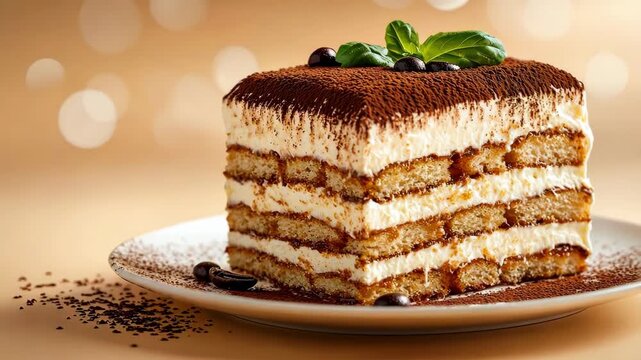 Delicious tiramisu cake slice on a plate, garnished with mint and coffee beans.