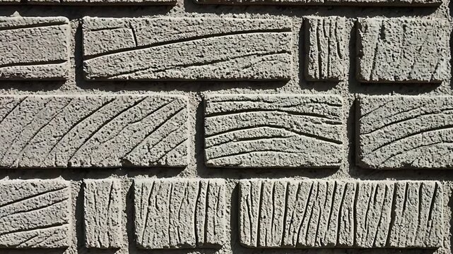 Gray wall featuring a textured brick pattern with horizontal and vertical embossed lines, providing a rustic and rugged surface